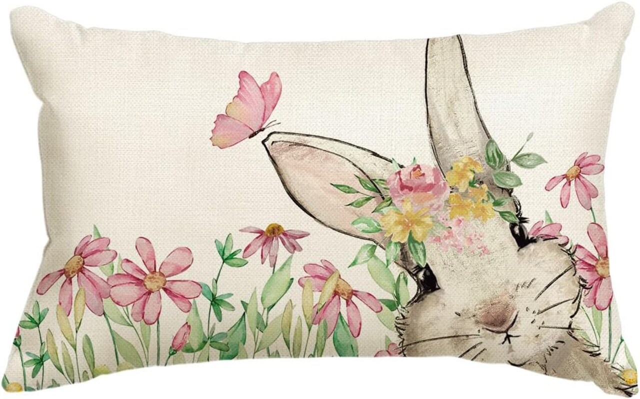 Easter Bunny Throw Pillow Cover – 12x20" Spring Rabbit Cushion Case